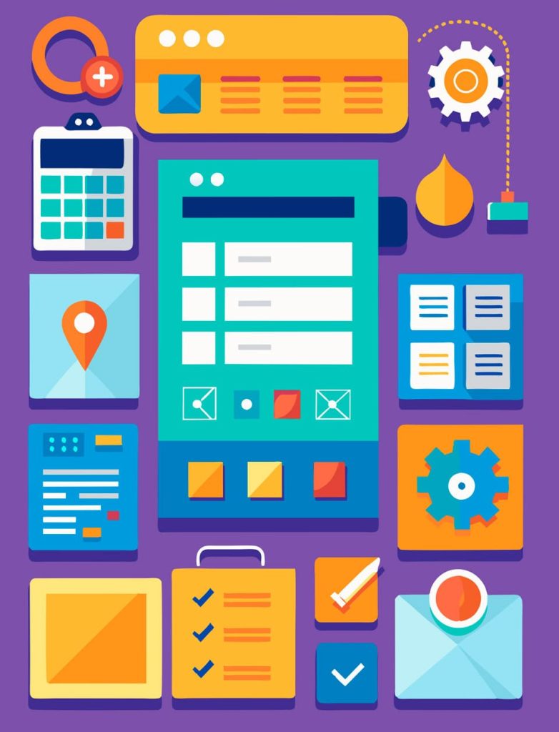 Ilustração colorida com diversos ícones representando elementos de design de interface e otimização de páginas web. Entre os ícones estão engrenagens, mapas, listas de verificação, formulários e gráficos, sugerindo componentes visuais e funcionais de uma página otimizada para SEO.