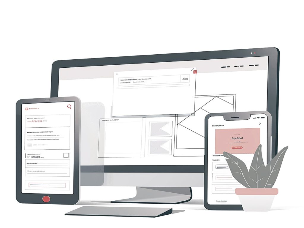 Ilustração de uma interface de site exibida em diferentes dispositivos, como um monitor de desktop, um tablet e um smartphone, destacando a responsividade do design. Ao lado, há uma pequena planta em um vaso, sugerindo um ambiente organizado e moderno.