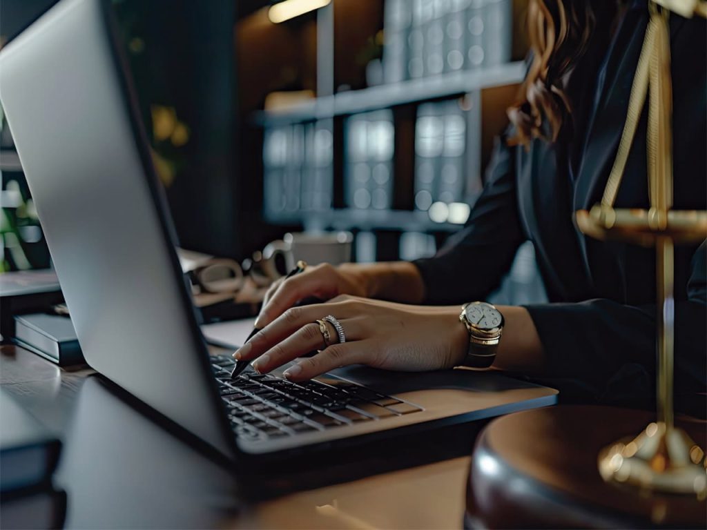 Imagem de uma advogada trabalhando em um escritório moderno. Ela digita em um laptop para melhorar o SEO juridico de seu site, com foco em suas mãos e acessórios elegantes, como anéis e um relógio de pulso. No primeiro plano, uma balança dourada, símbolo de justiça, está ligeiramente desfocada.